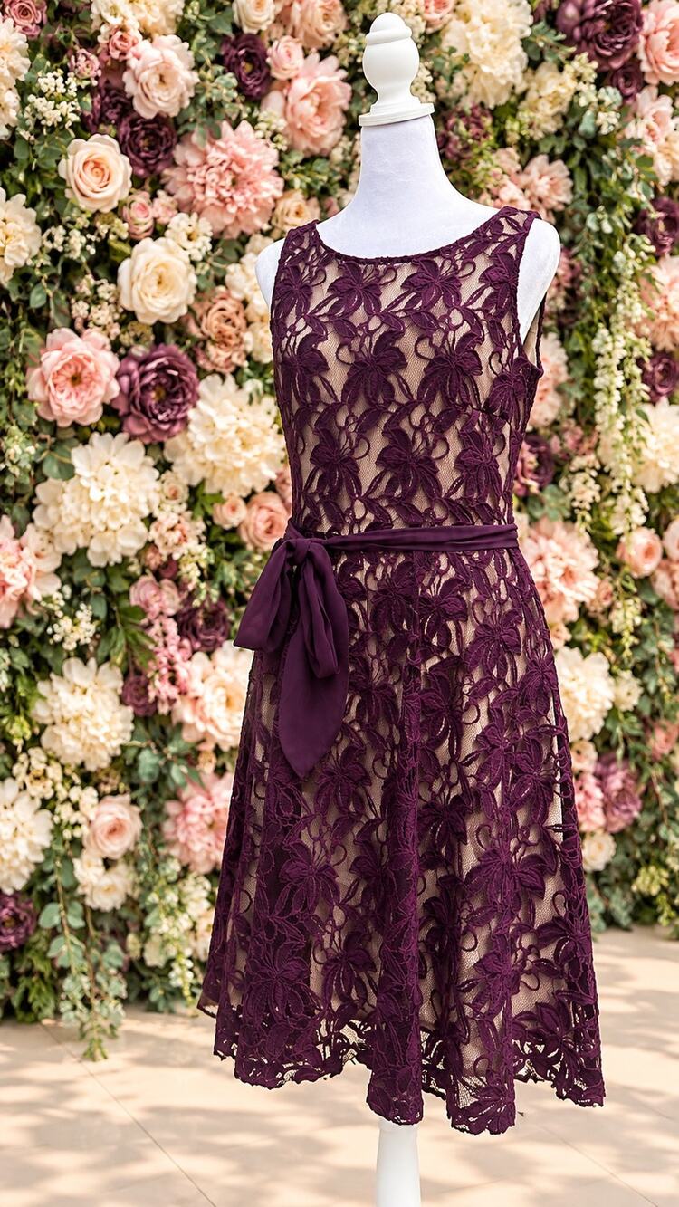 Plum Floral Lace A Line Dress Nude Lining Sash Estimated Small